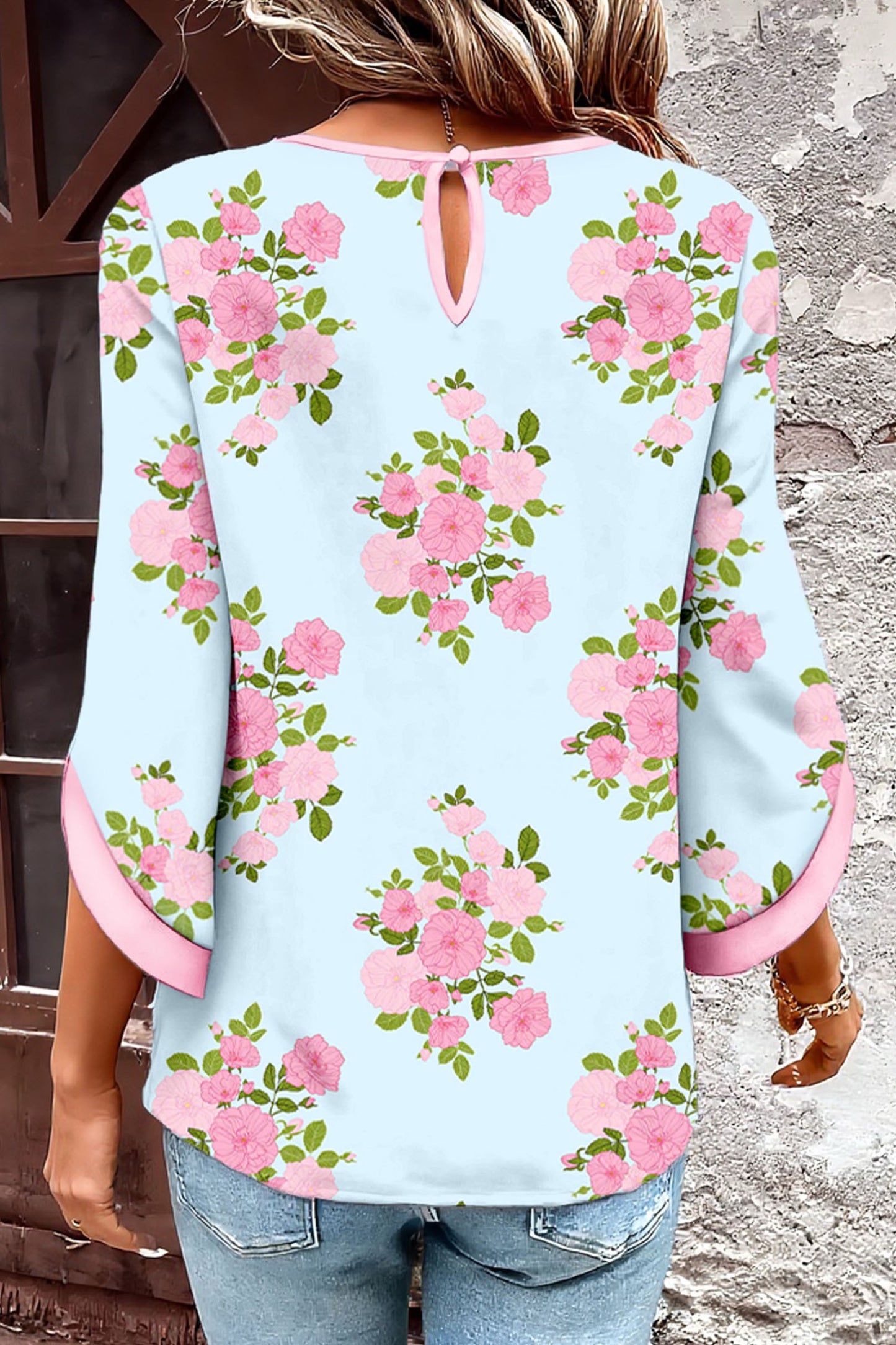 Blue Floral Print Button Cuffed 3/4 Sleeve Round Neck Top