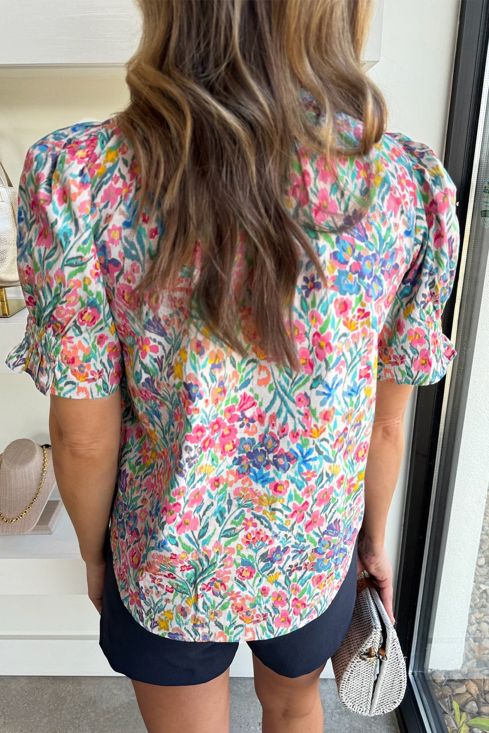 Pink Floral Puff Sleeve Blouse