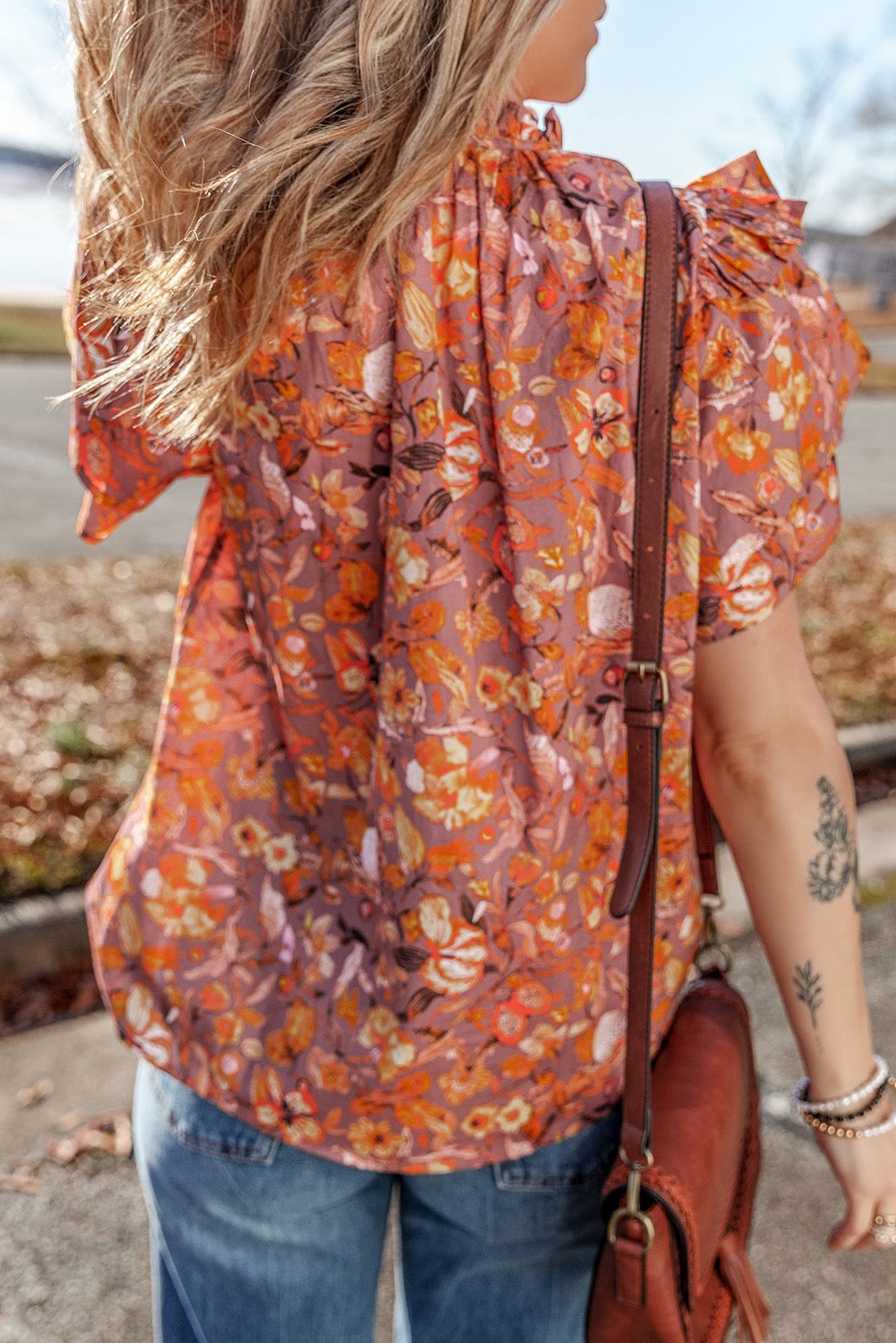 Orange Floral Flutter Sleeve Blouse