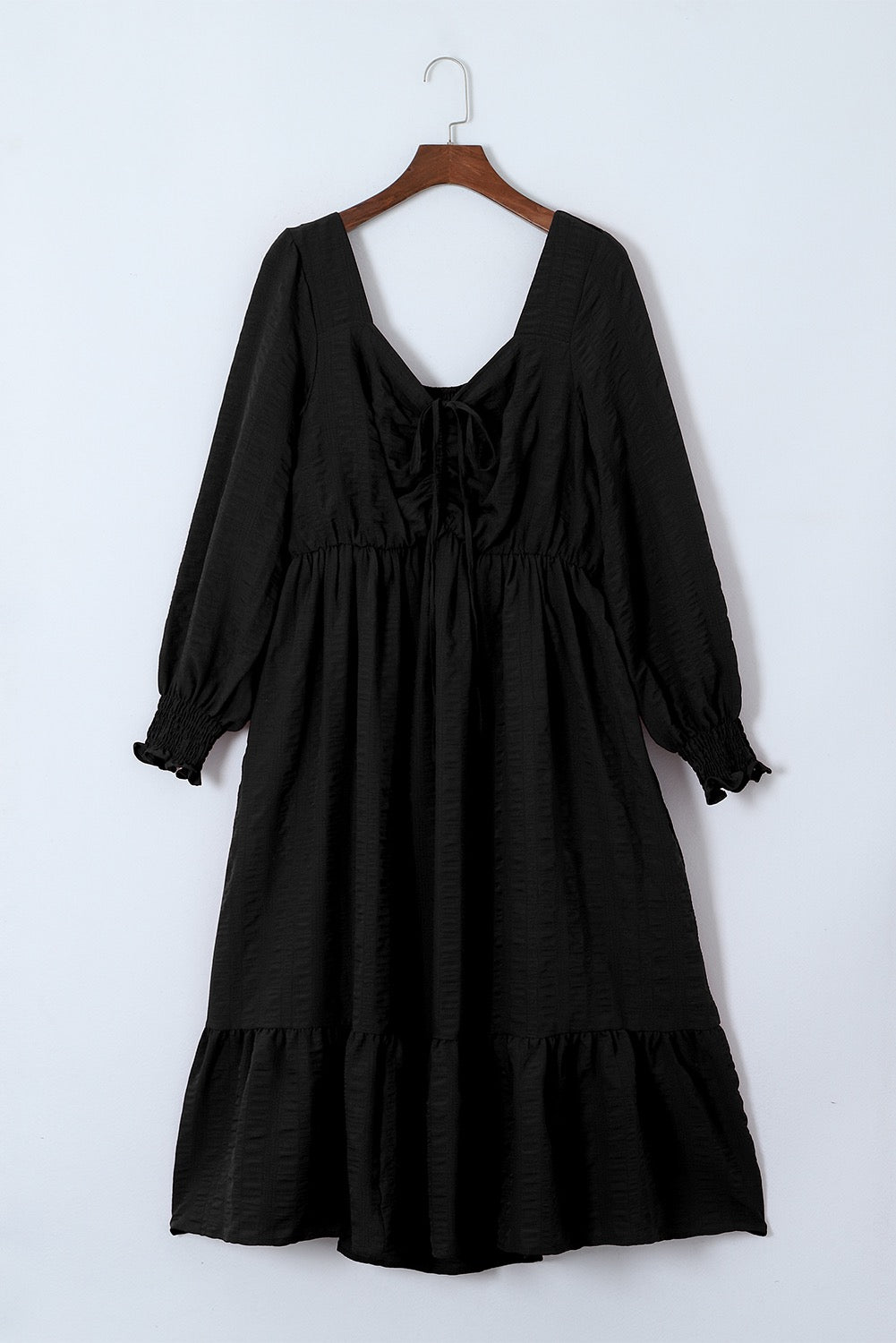 Black Lace-up Ruched Front Long Sleeve Ruffle Hem Plus Size Midi Dress