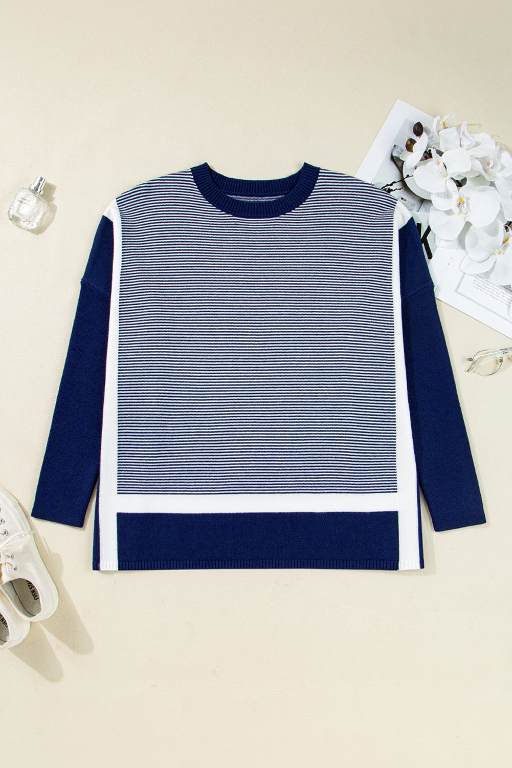 Blue Stripe Color Block Patchwork Dolman Oversize Tunic