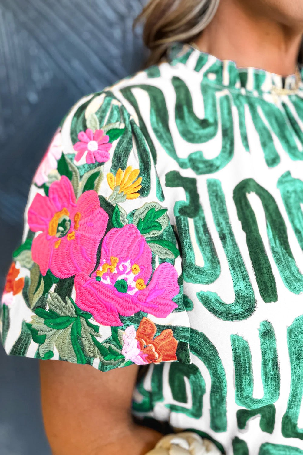 Green Embroidered Puff Sleeve Top
