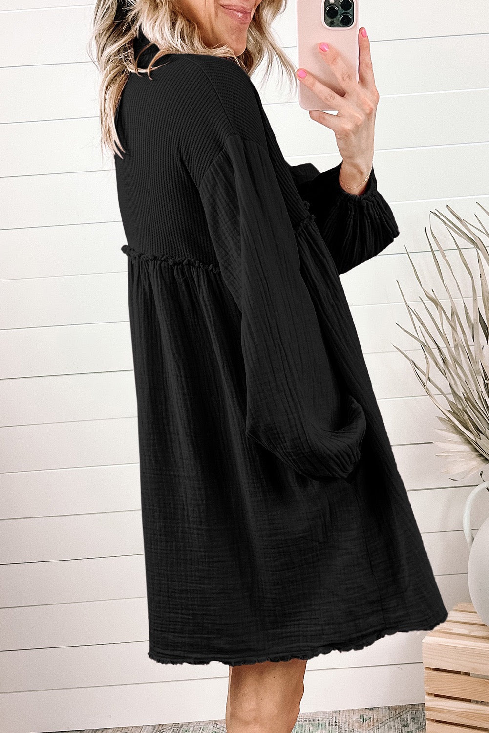 Black Long Sleeve Crinkle Puff Sleeve Shirt Dress