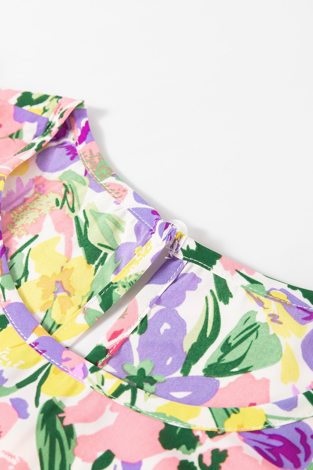 Blouse Purple Floral Print Puff Short Sleeve Crew Neck Blouse