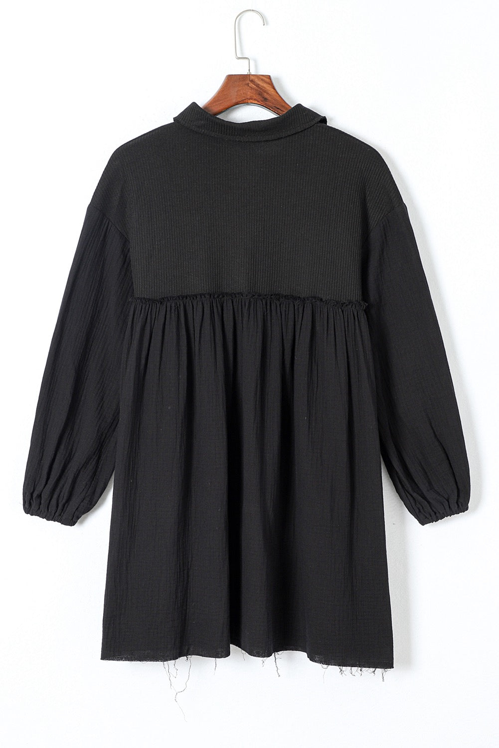 Black Long Sleeve Crinkle Puff Sleeve Shirt Dress