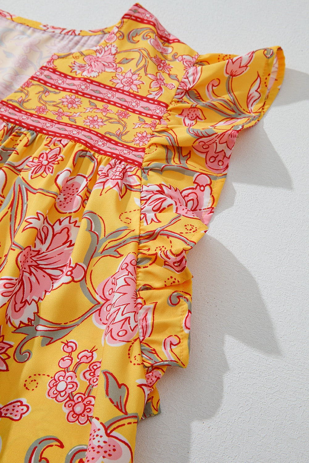 Yellow Floral Notched Neck Ruffled Sleeve Blouse
