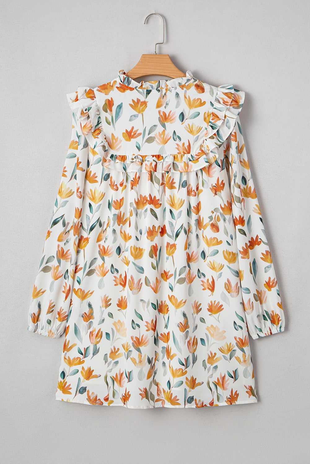 Yellow Floral Print Tie Neck Frilled Detail Long Sleeve Dress