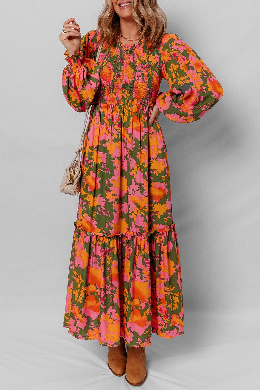 Orange Floral Puff Sleeve Smocked Bodice Ruffled Dress