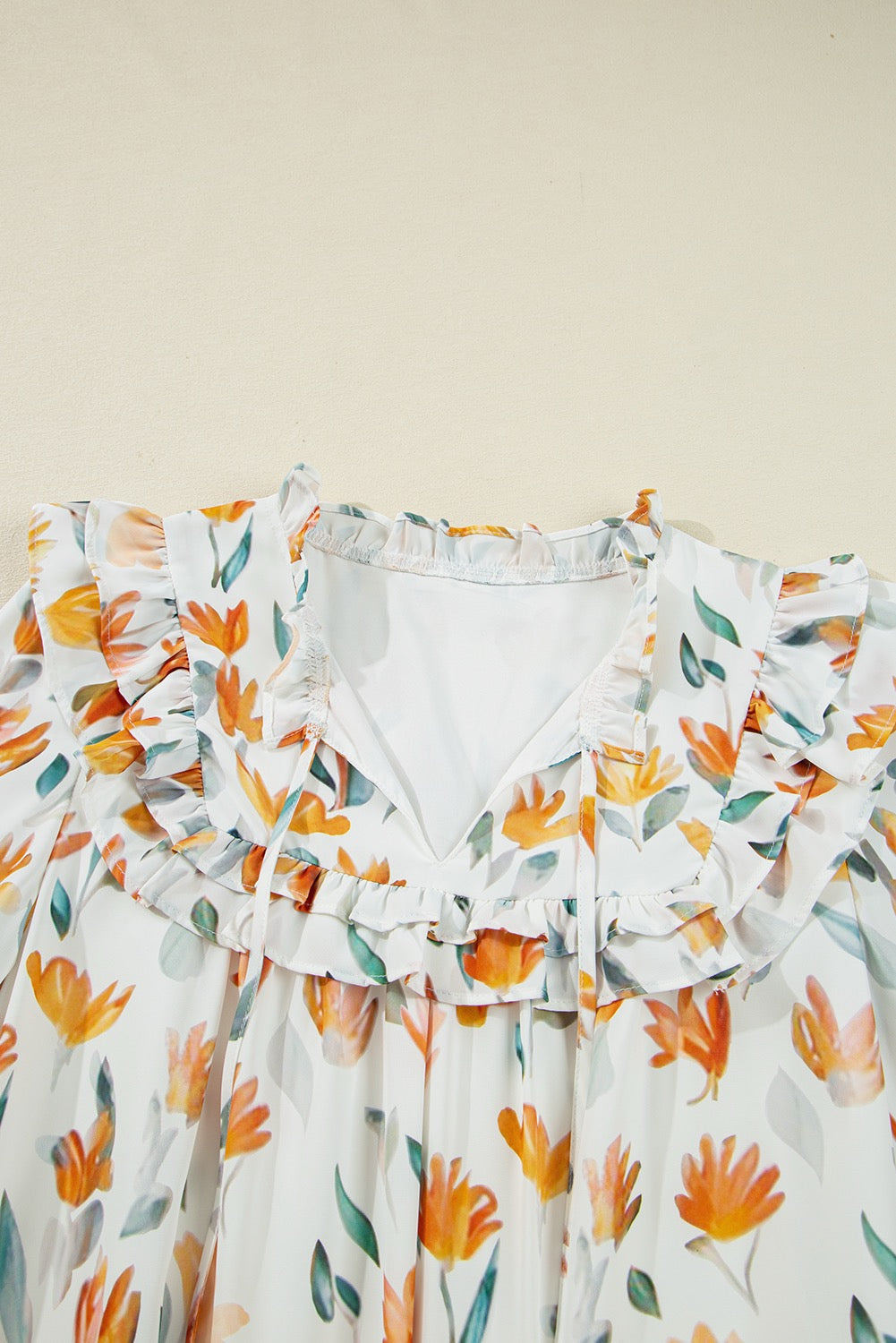 Yellow Floral Print Tie Neck Frilled Detail Long Sleeve Dress