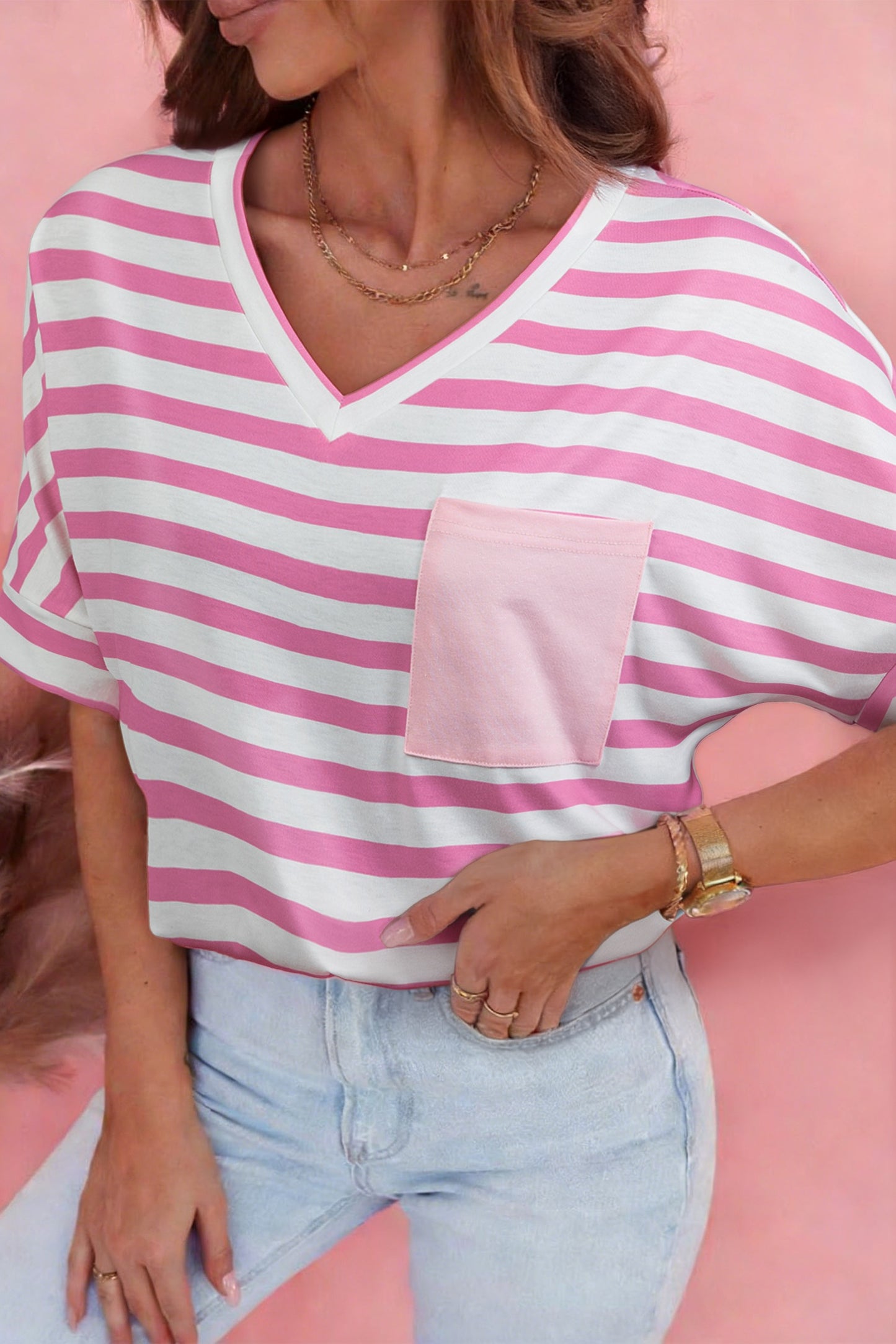 Pink Stripe V Neck Patched Pocket Tee
