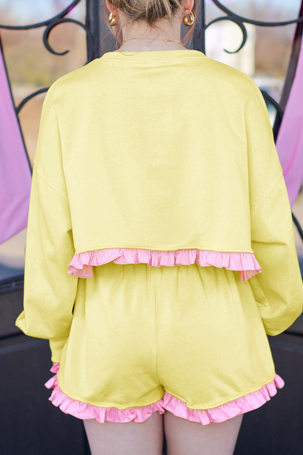 Yellow Contrast Plaid Ruffle Patchwork Pullover Top and Shorts Plus Size