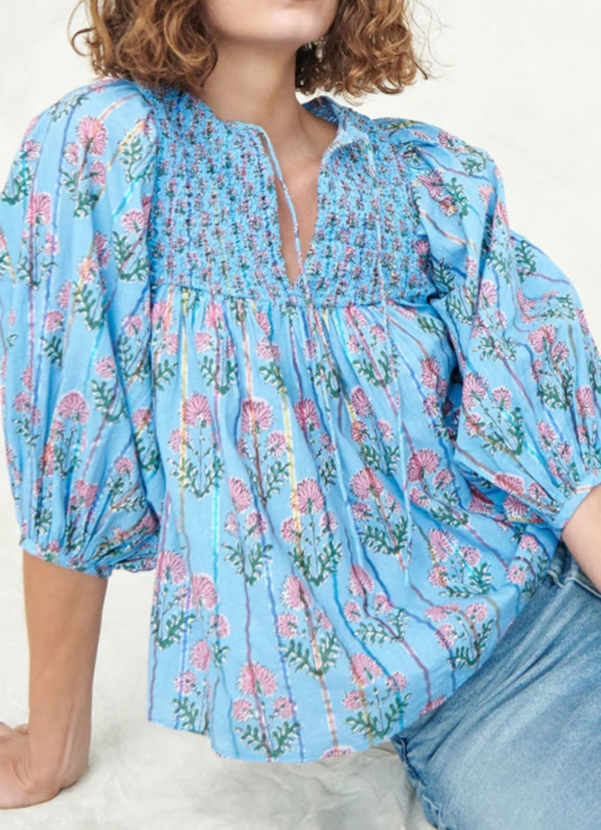 Sky Blue Smocked Blouse