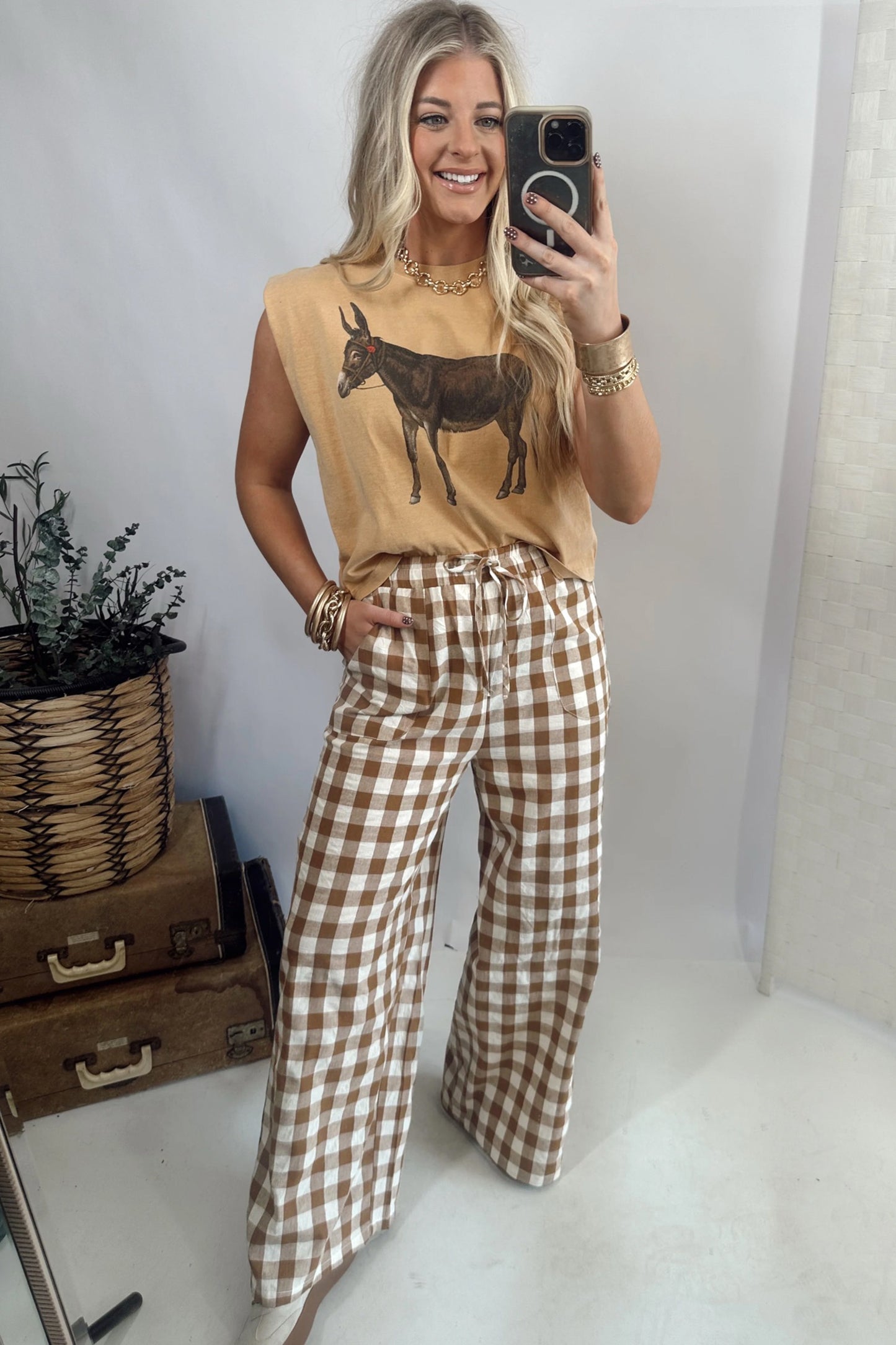 Brown Gingham Plaid Tie Elastic Pants
