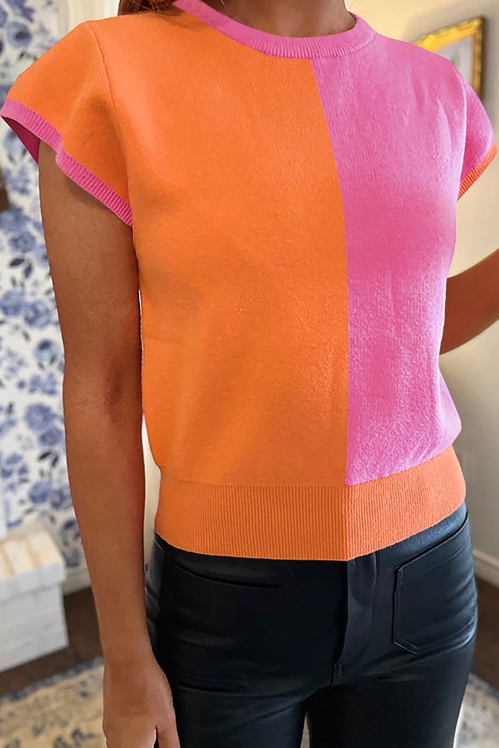 Two Tone Color Block Cap Sleeve Sweater Top