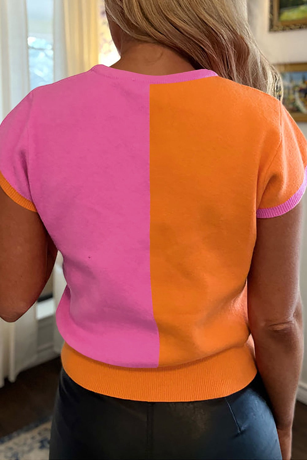 Two Tone Color Block Cap Sleeve Sweater Top