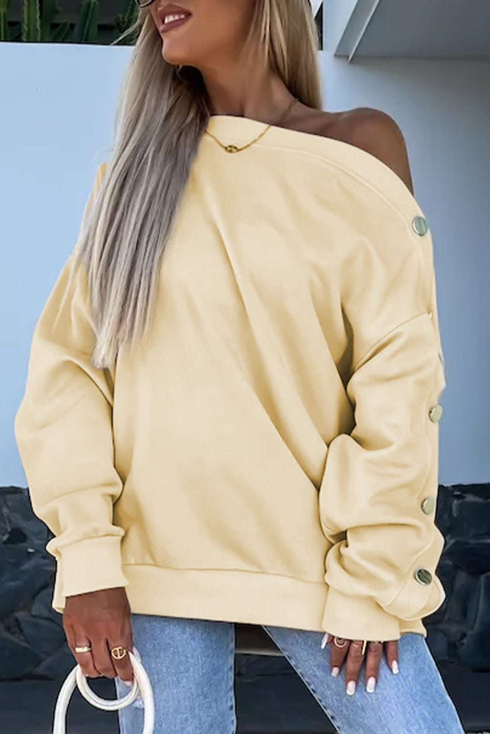 Beige Button Sleeve Sweatshirt