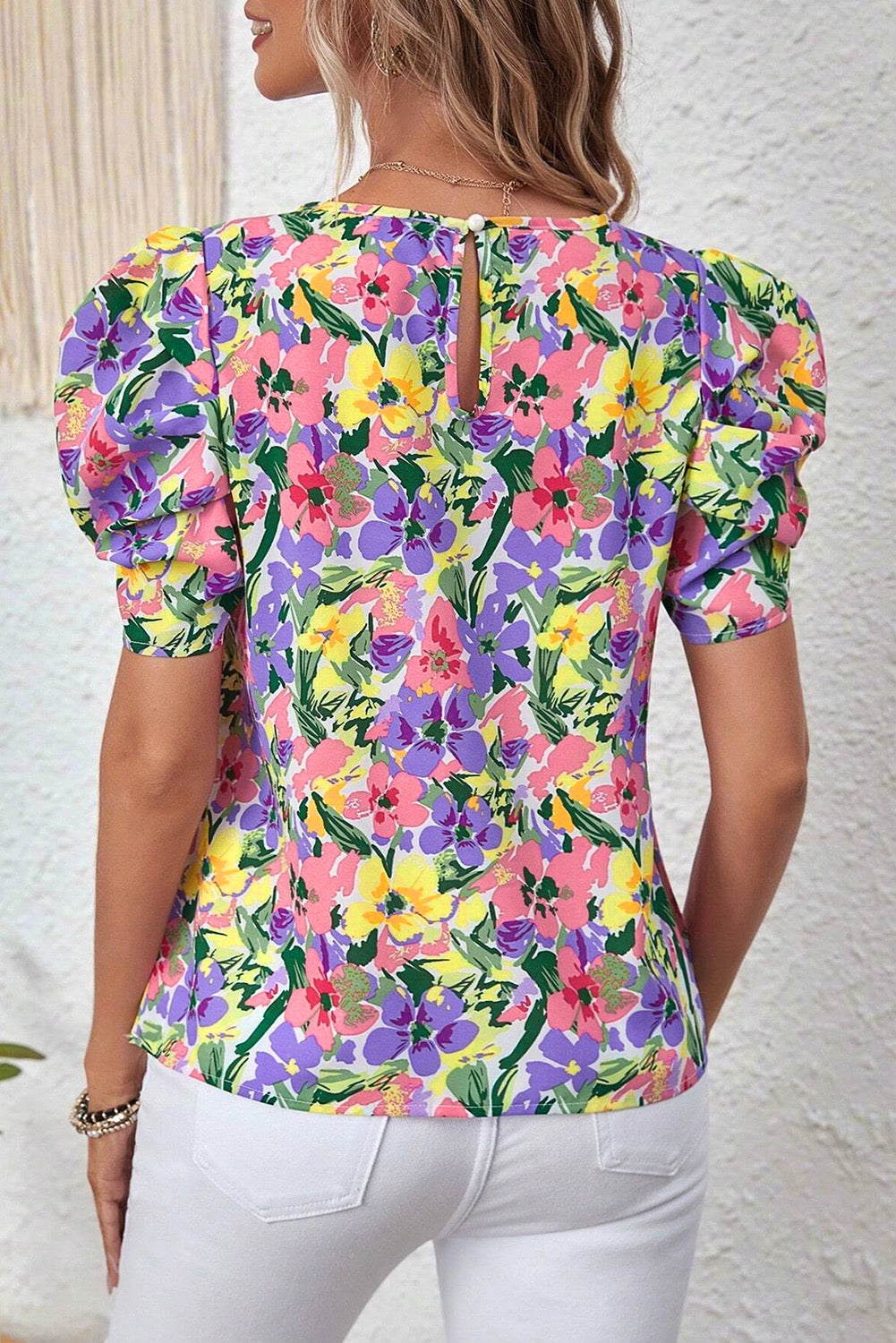 Blouse Purple Floral Print Puff Short Sleeve Crew Neck Blouse