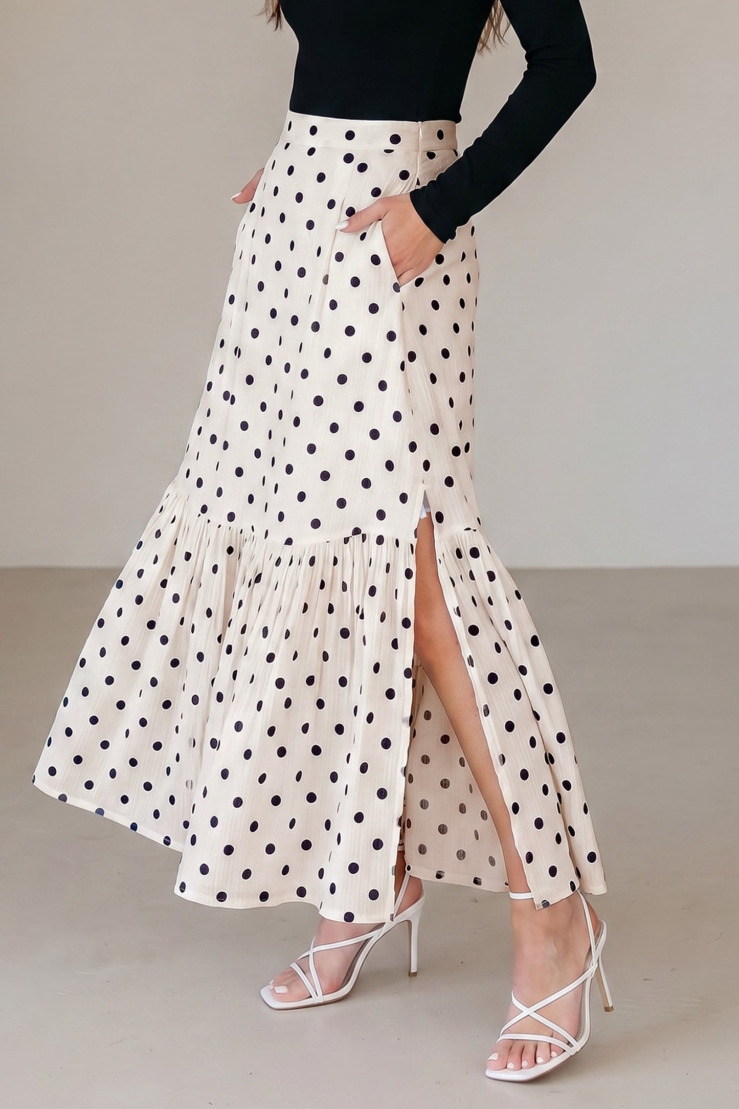 White Polka Dot Ruffled Slit Maxi