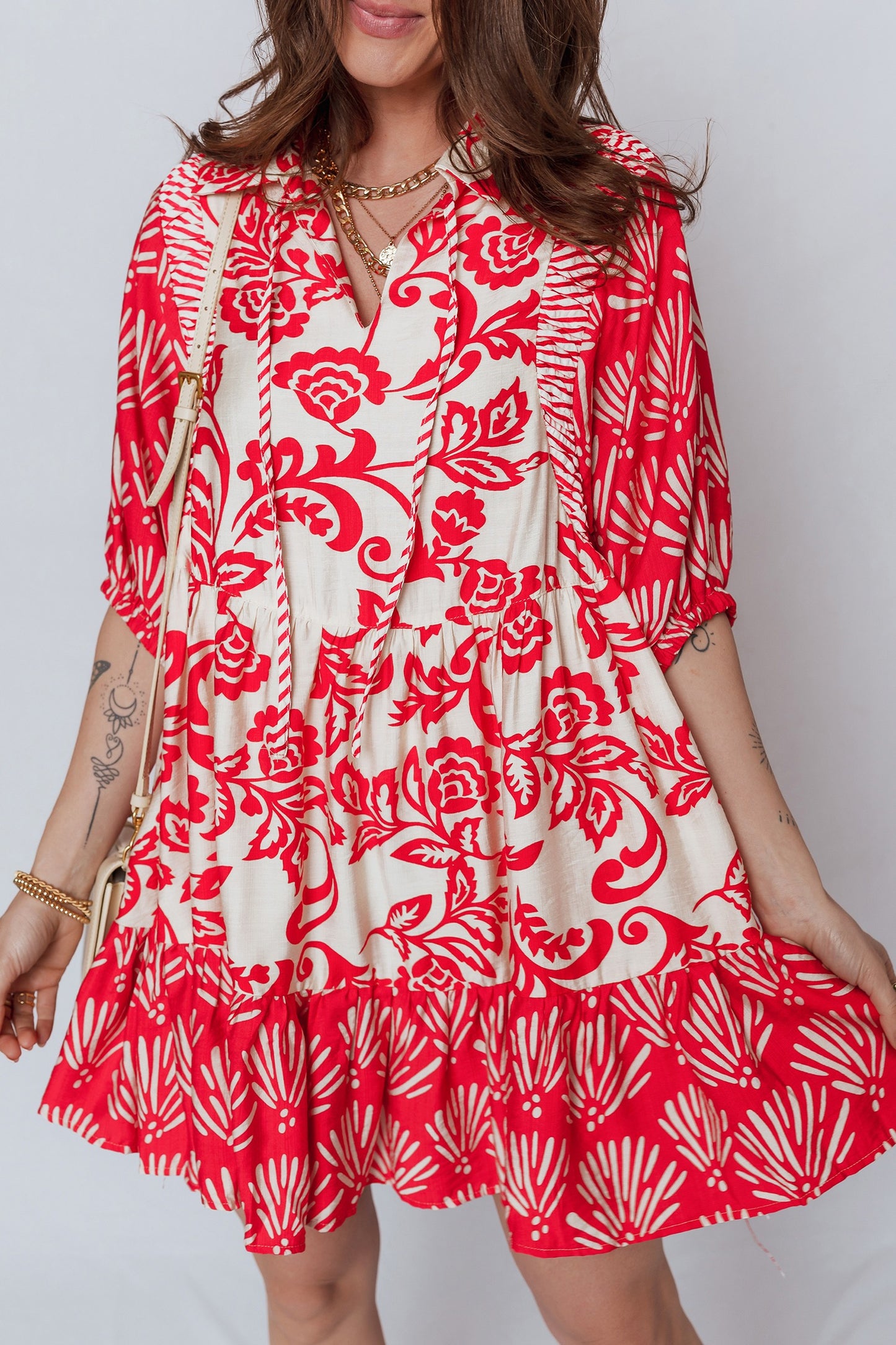 Red Collared V Neck Half Sleeve Loose Dress