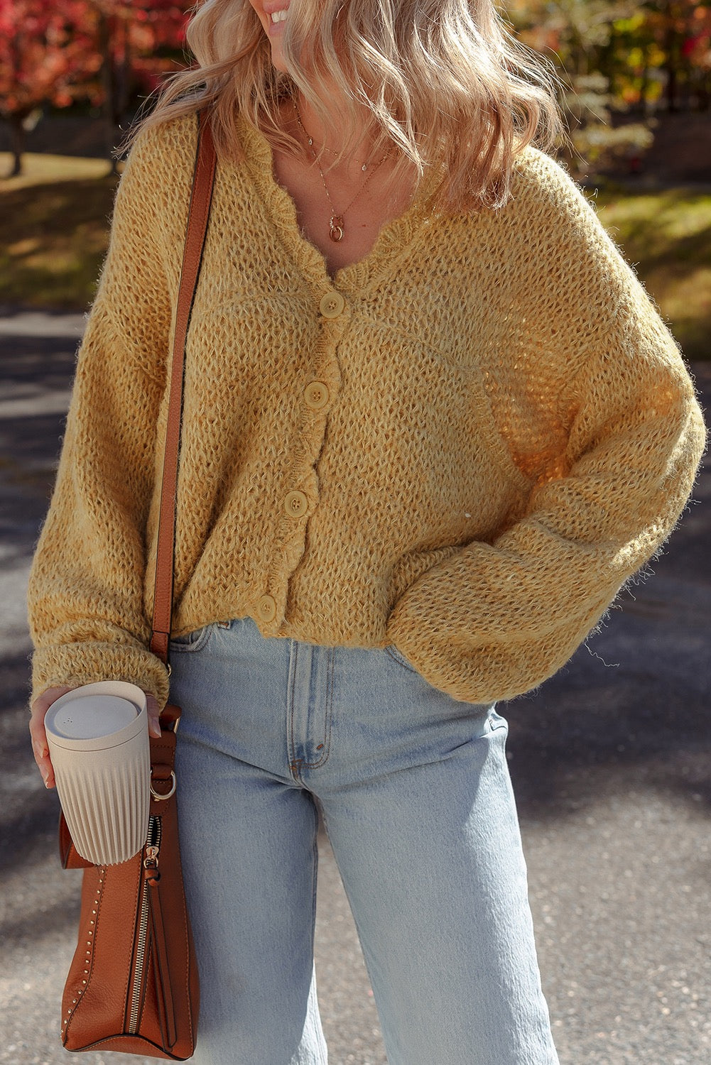 Light French Beige Lantern Sleeve Scallop V Neck Button Front Cardigan