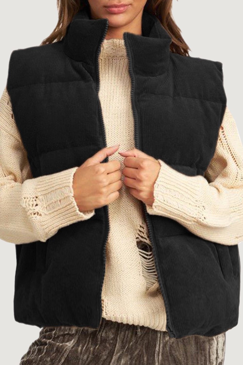 Black Corduroy Zippered Puffer Vest