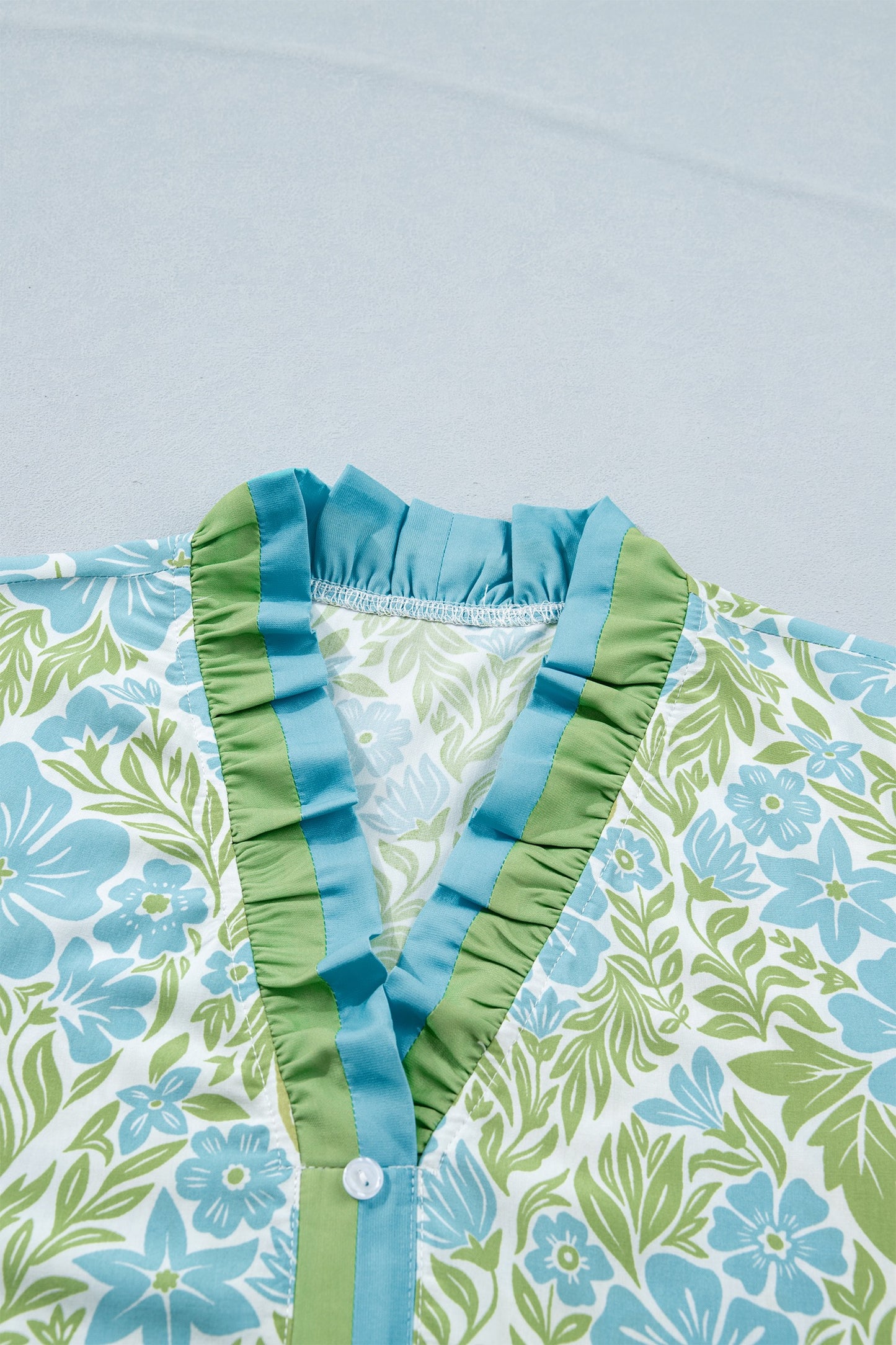 Blue Botanical Floral Print Frilled Trim V Neck Button Front Loose Dress