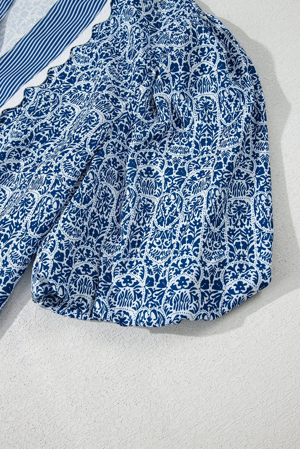 Blue Floral Striped Print Contrast Ric Rac Puff Sleeve Top
