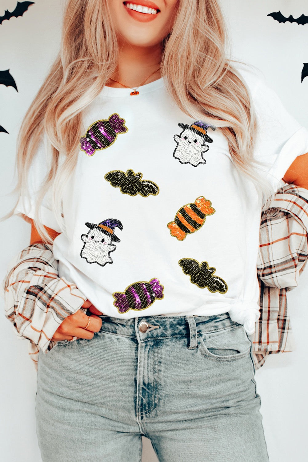 White Sequined Halloween Spirit Pattern Patched Tee