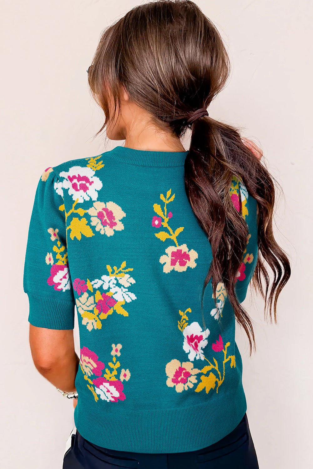 Blue Flower Pattern Mock Neck Short Sleeve Knitted T Shirt