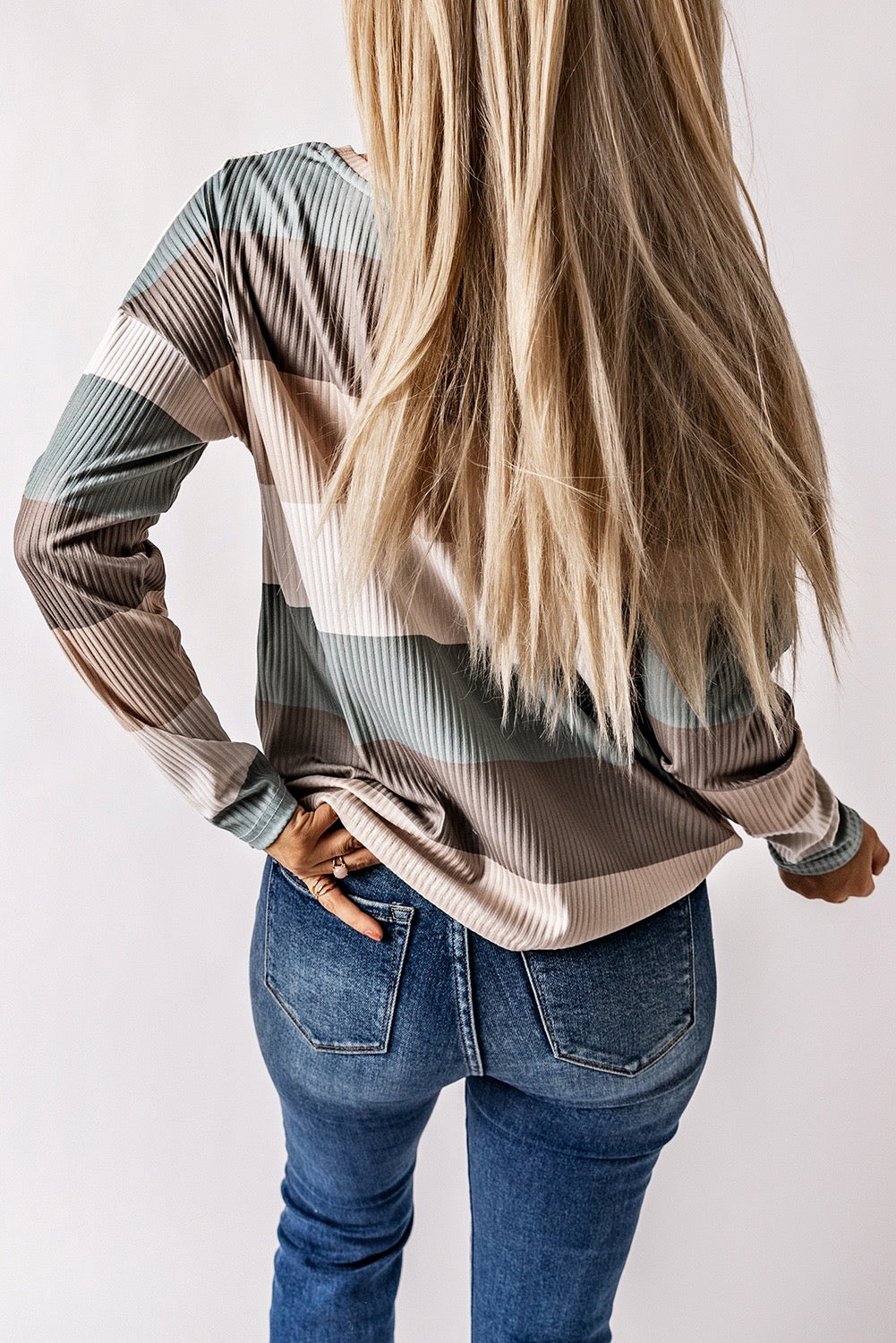 Green Color Block Ribbed Long Sleeve Top With Pocket
