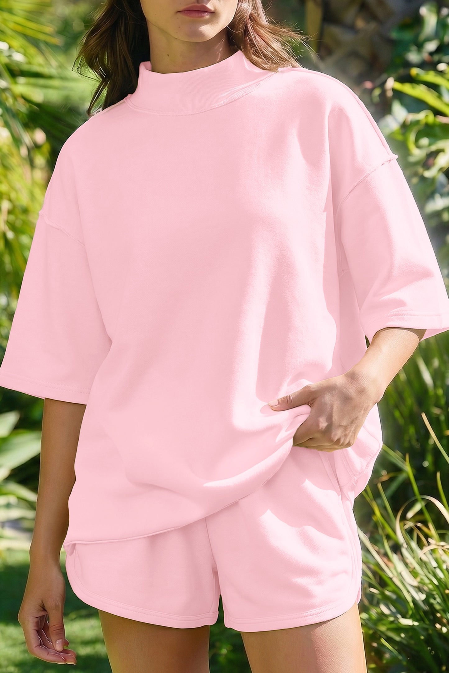 Pink Cream Solid Color Exposed Seam Mock Neck Oversize Tee Casual Shorts 2pcs Set