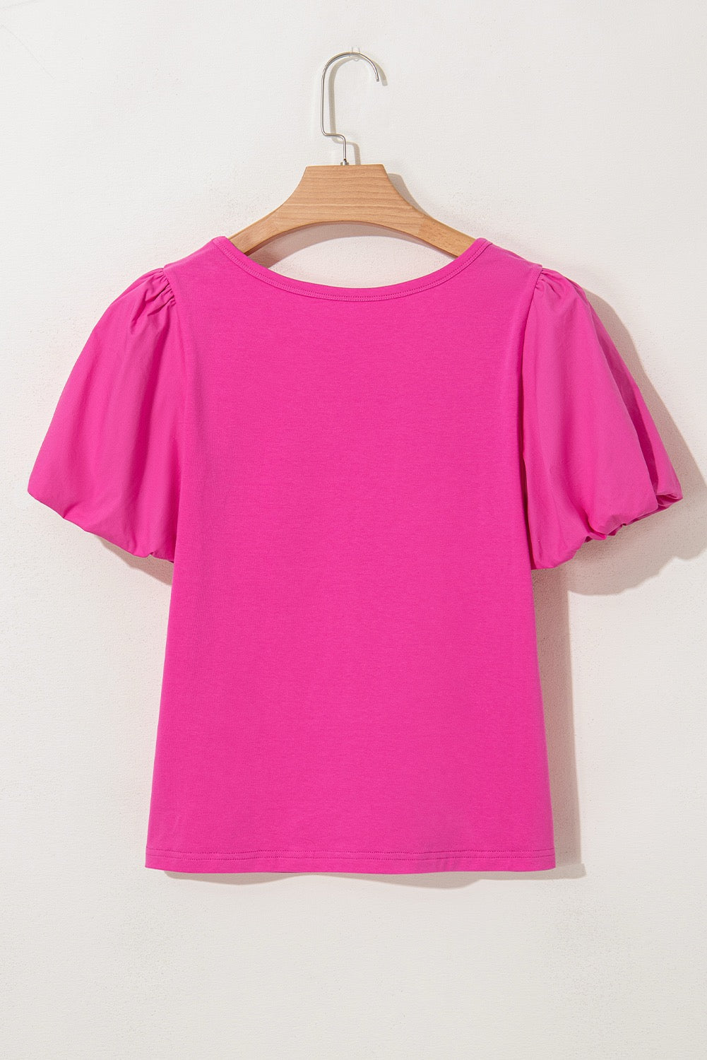 Strawberry Pink Casual Round Neck Bubble Sleeve Tee