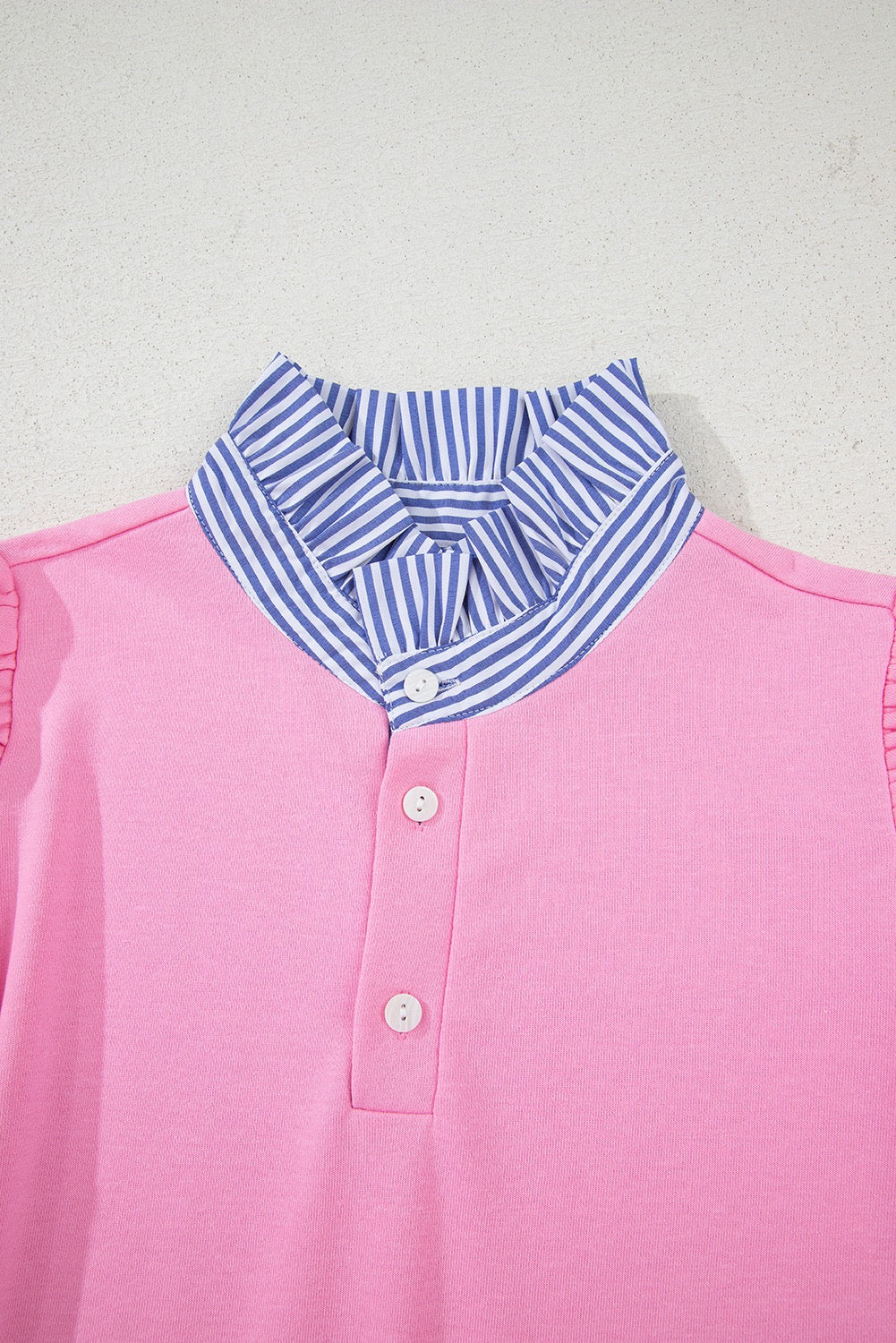 Pink Button Striped Collar Patchwork Puff Sleeve Sweatshirt