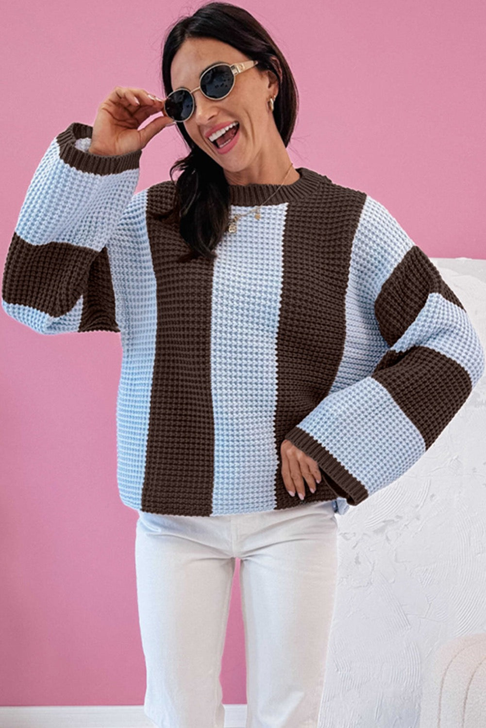 Striped Color Block Thermal Textured Knit Drop Shoulder Sweater