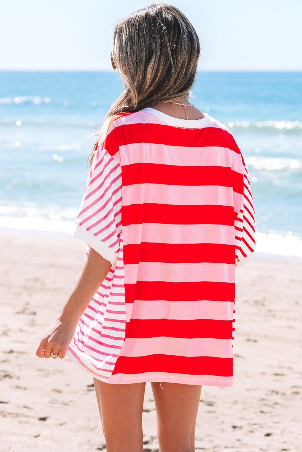Pink Stripe Patchwork Round Neck Side Split Loose Tee