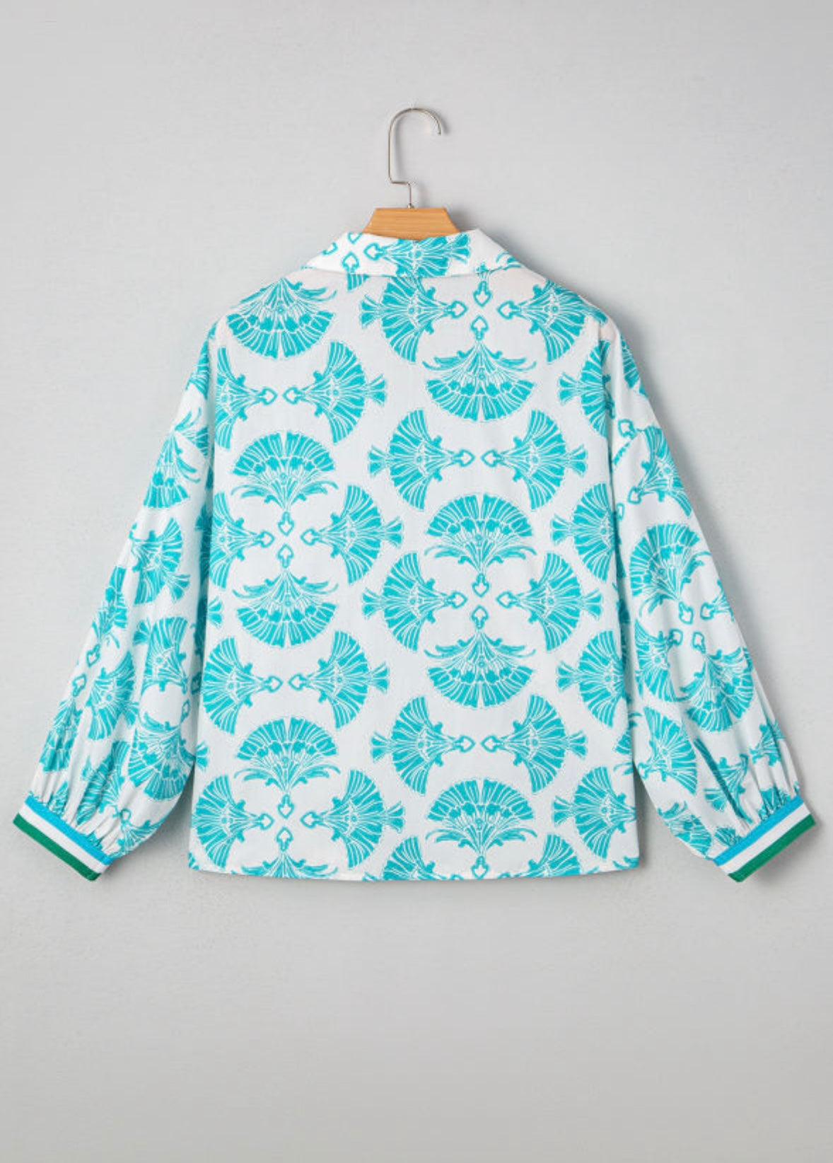 Sky Blue Abstract Print Bubble Sleeve Pop of Color Neck Blouse