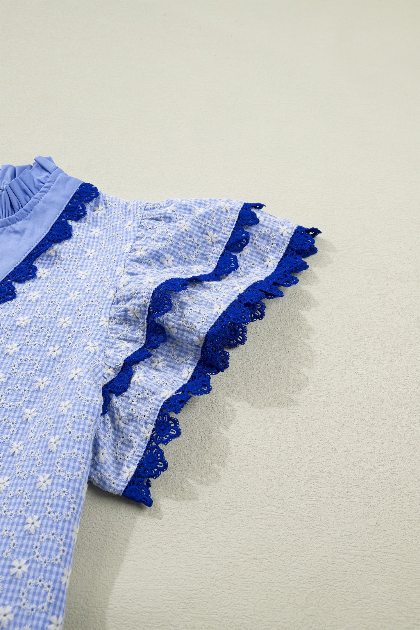 Blue Square Neck Short Puff Sleeve Pleated Floral Blouse