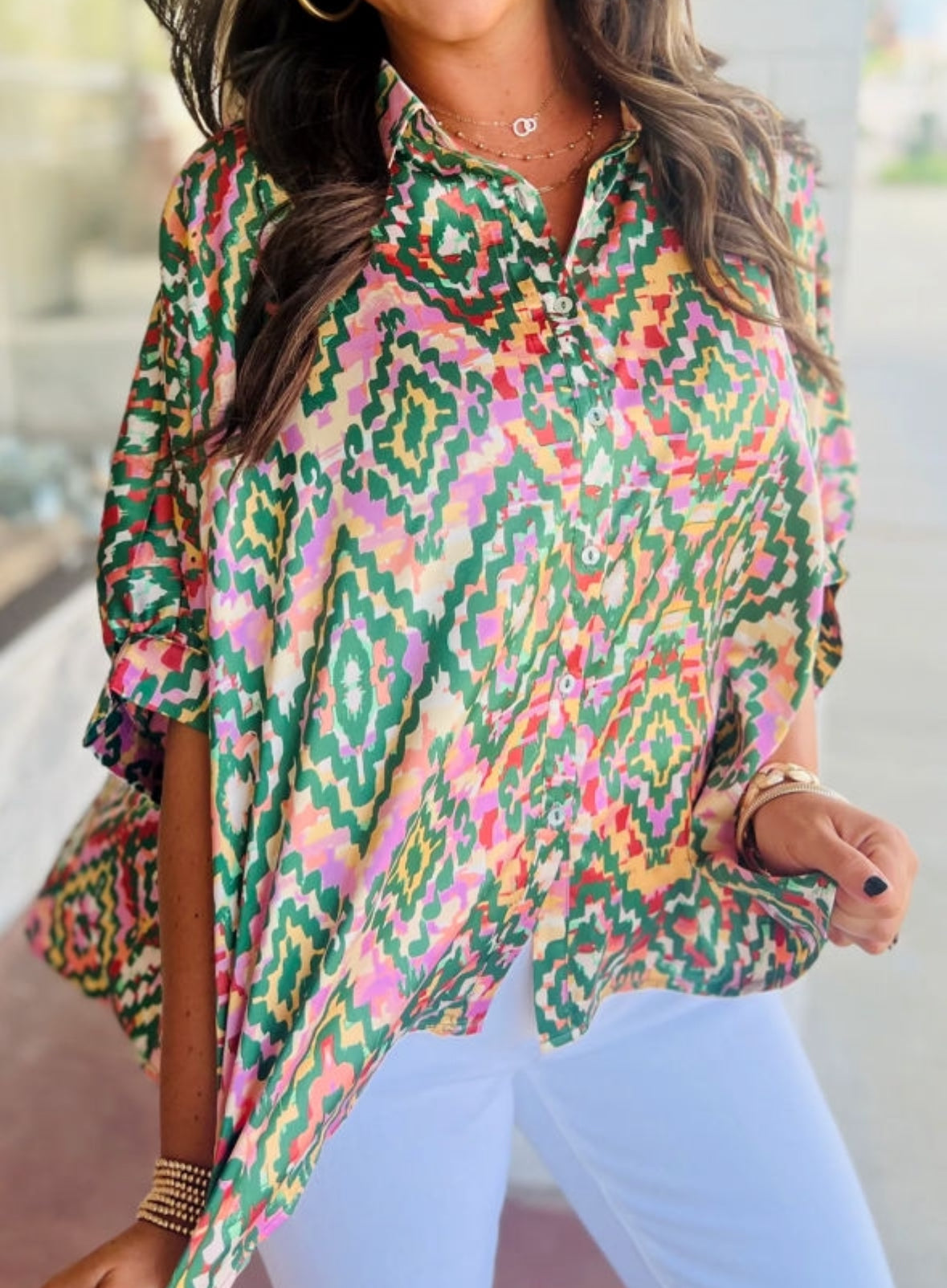Dark Green Print Button Up Top