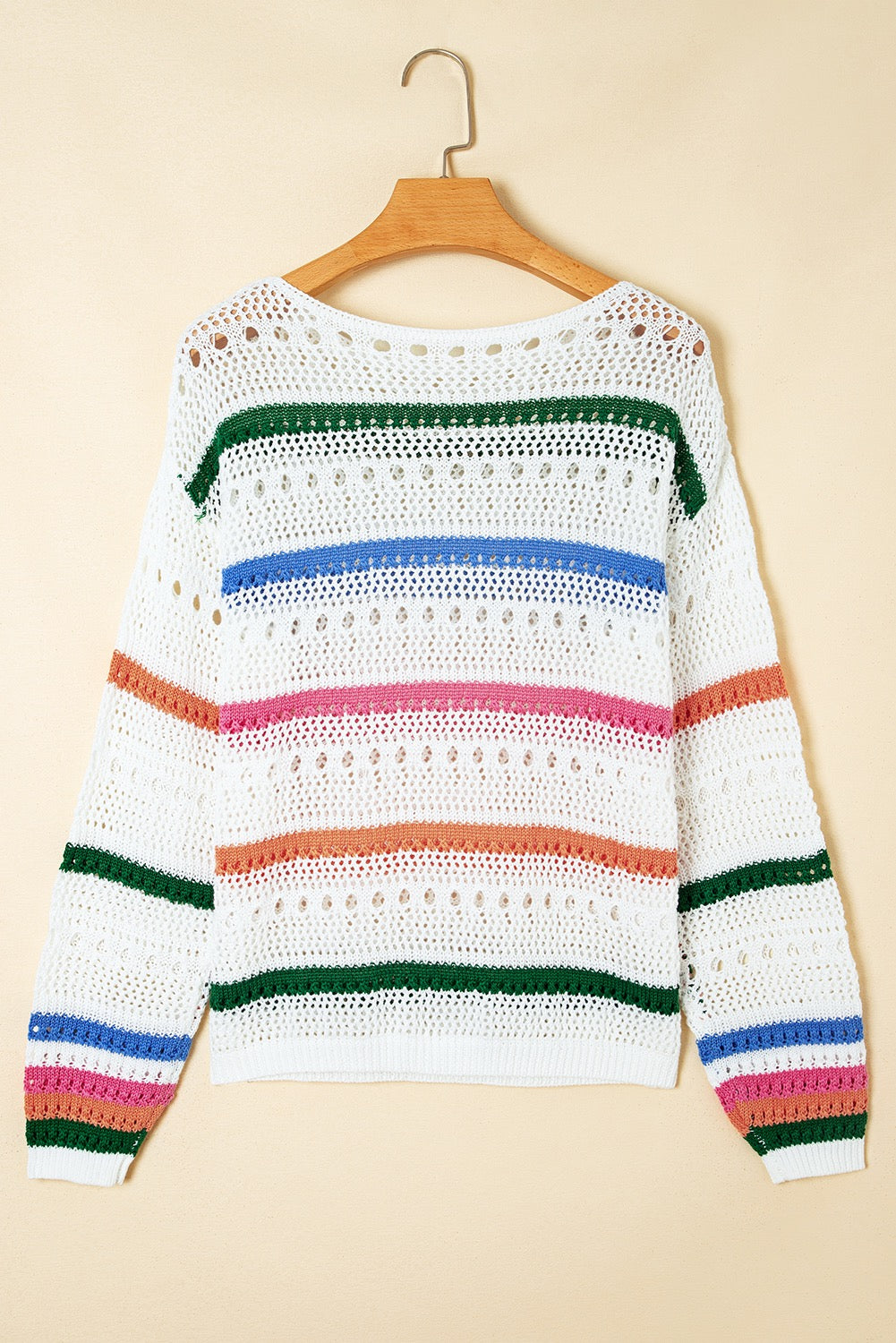 White Color Block Striped Pointelle Knit Sweater
