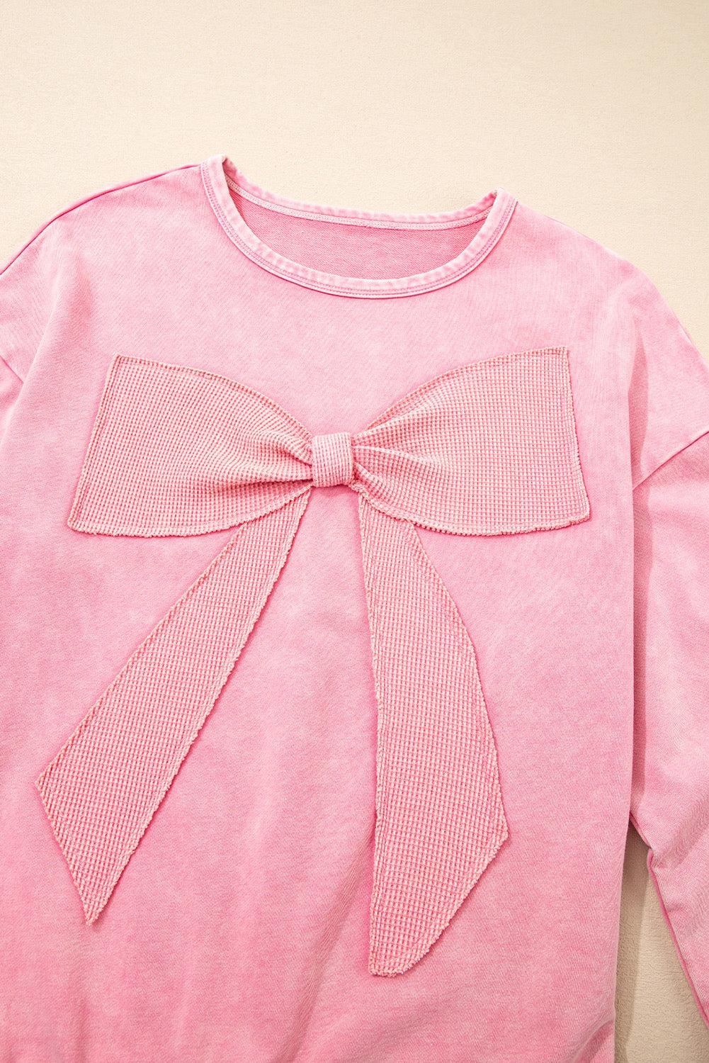 Bright Pink Mineral Wash Big Bow Patchwork Pullover Sweatshirt