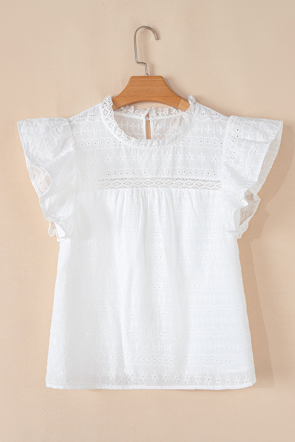 White Lace Neck Flutter Sleeve Eyelet Blouse