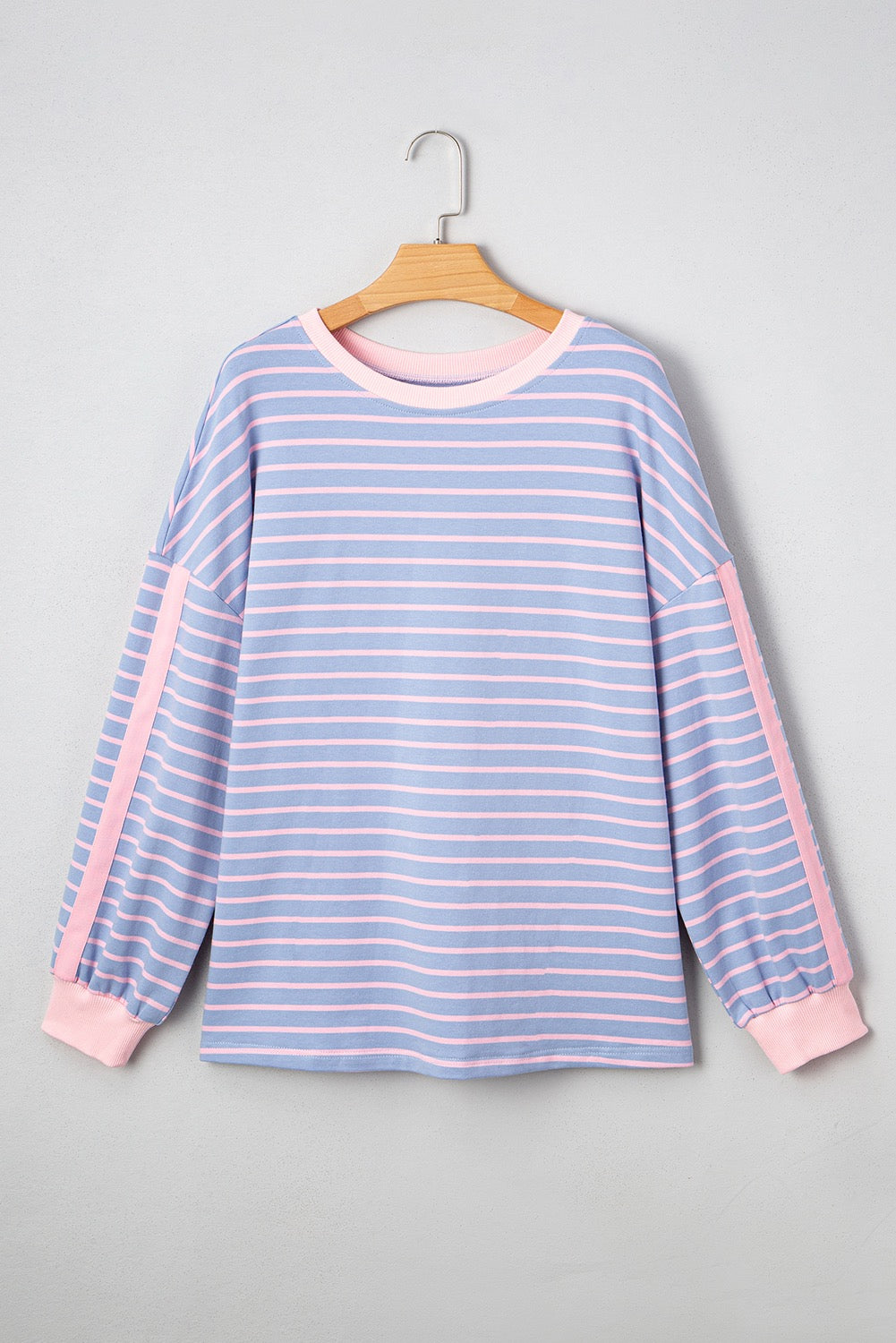 Blue Stripe Oversize Contrast Trim Drop Shoulder Casual Top