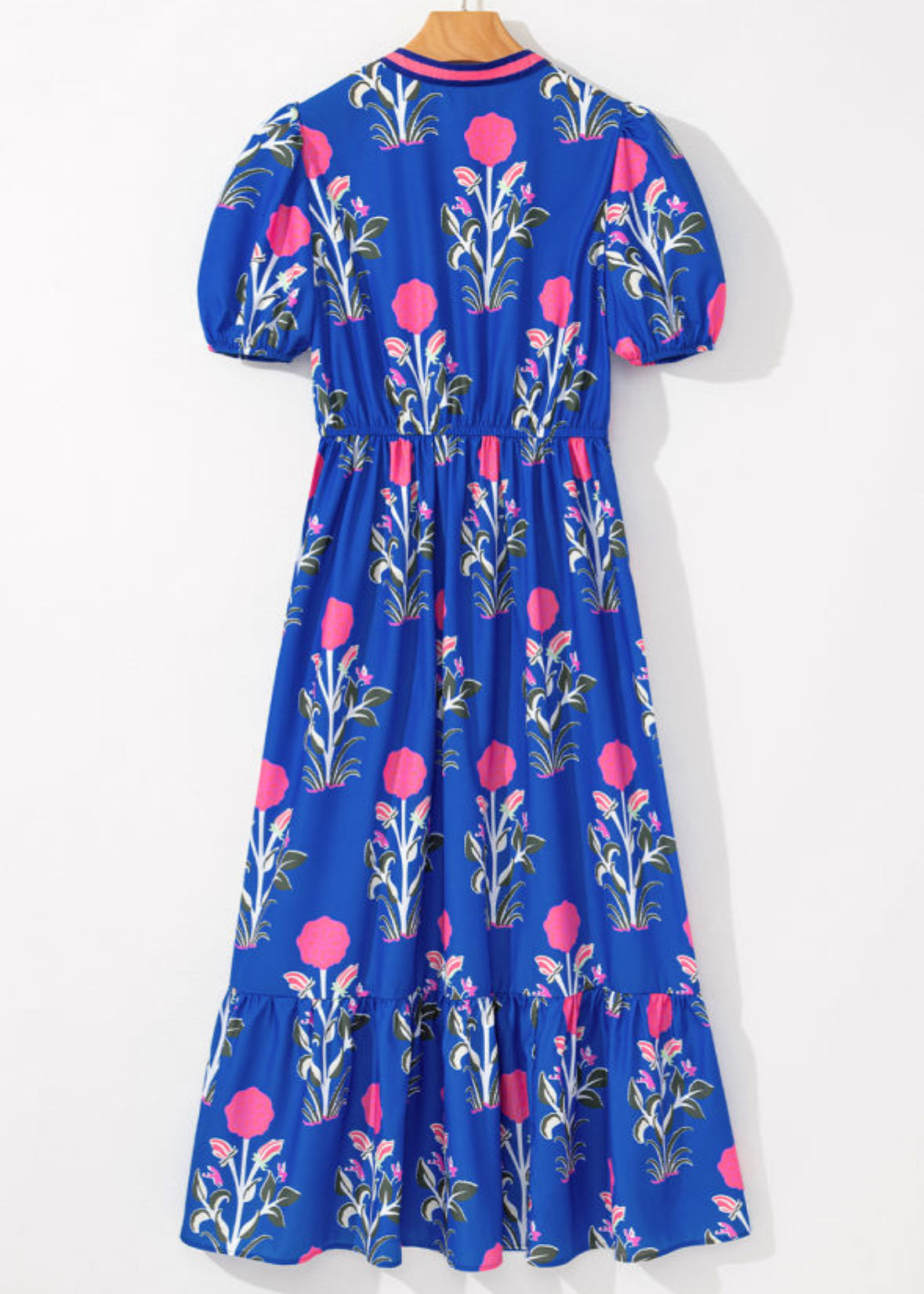 Sky Blue Floral Ruffle Hem Pop of Color Neckline Dress