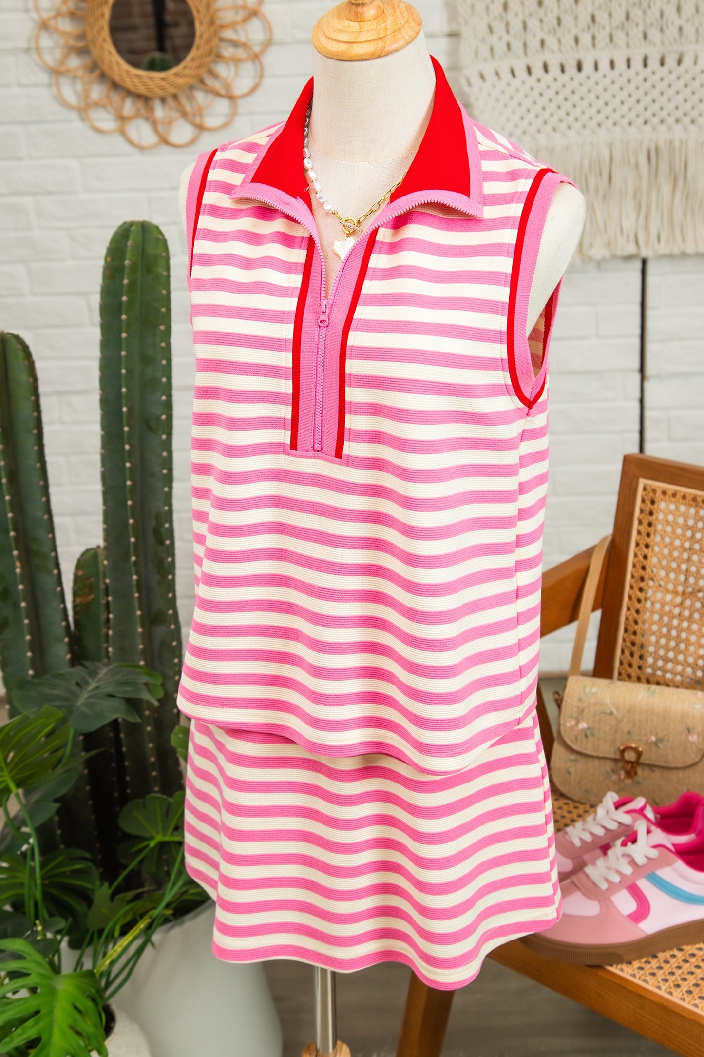 Pink Stripe Contrast Trim Short Sleeve Top Loose Skort 2pcs Casual Outfit
