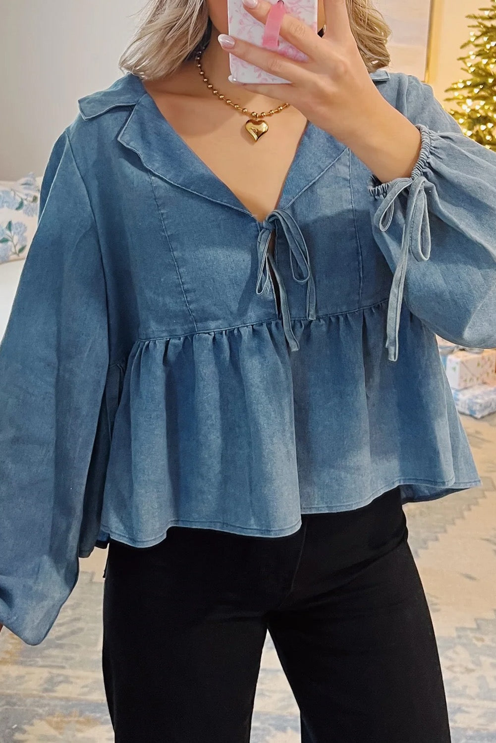 Dusk Blue Denim Lapel Neck Balloon Sleeve Tied Peplum Top