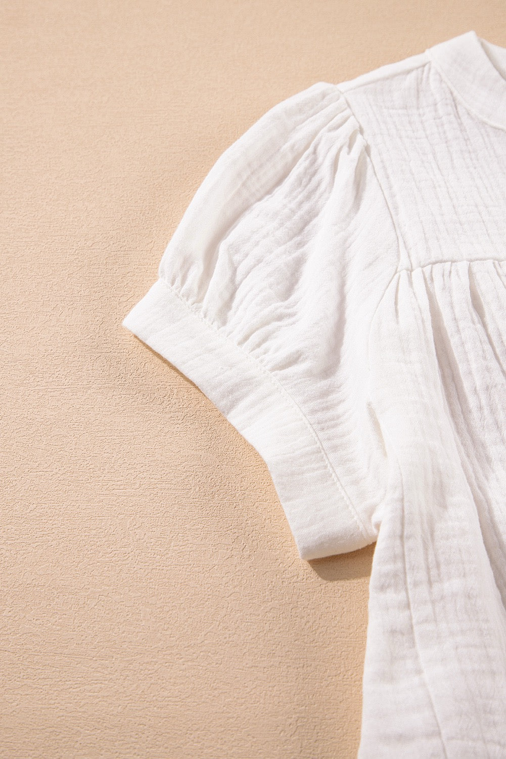 White Textured Short Sleeve Buttons Frayed Blouse, 100% Cotton