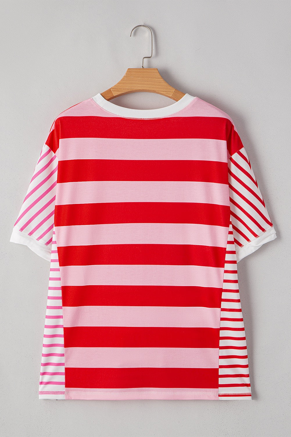 Pink Stripe Patchwork Round Neck Side Split Loose Tee