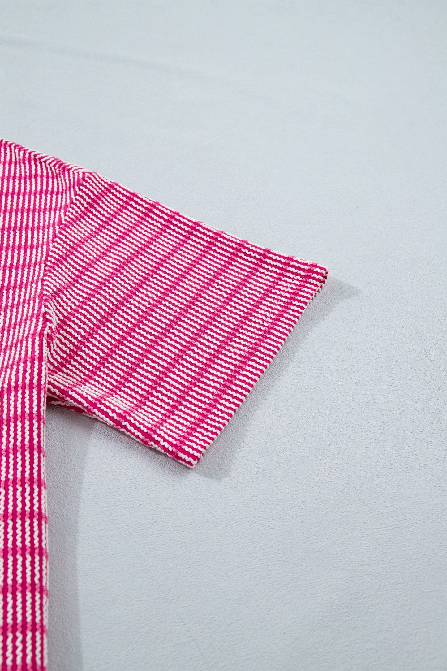 Pink Stripe Raised Rib Loose Tee Drawstring Elastic Waist 2pcs Short Set