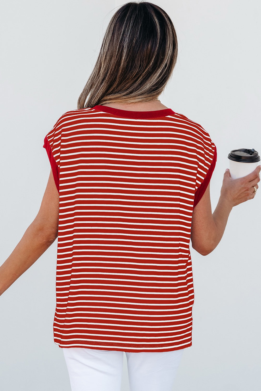 Red Stripe Chest Pocket Patch Round Neck Sleeveless Top