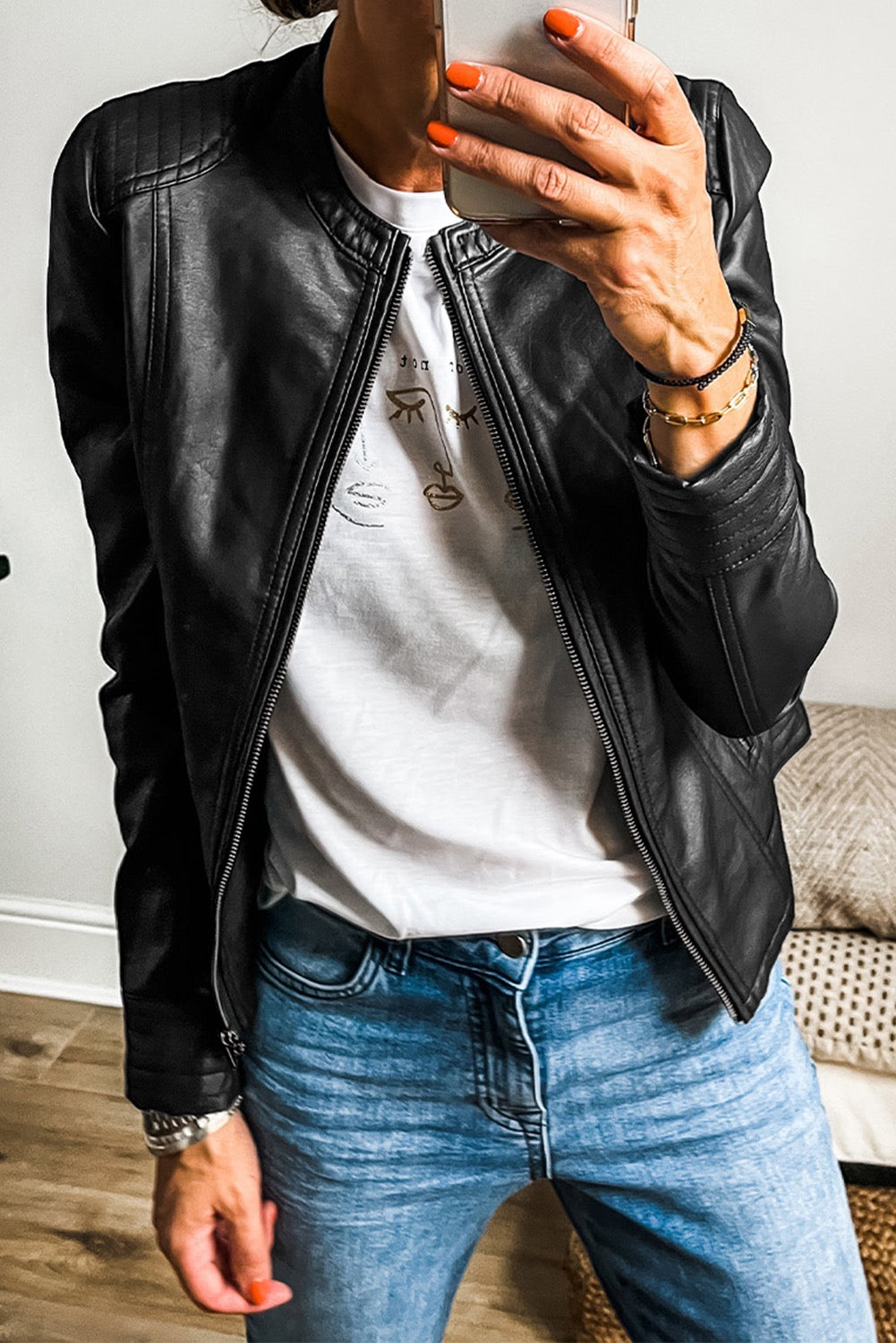 Black Faux Leather Slim Fit Bomber Jacket